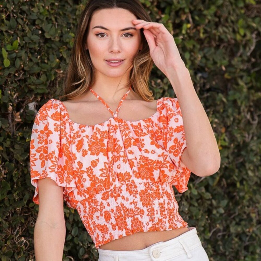 LUMIERE Orange Floral Smocked Crop Top, Puff Sleeve Off-Shoulder Blouse